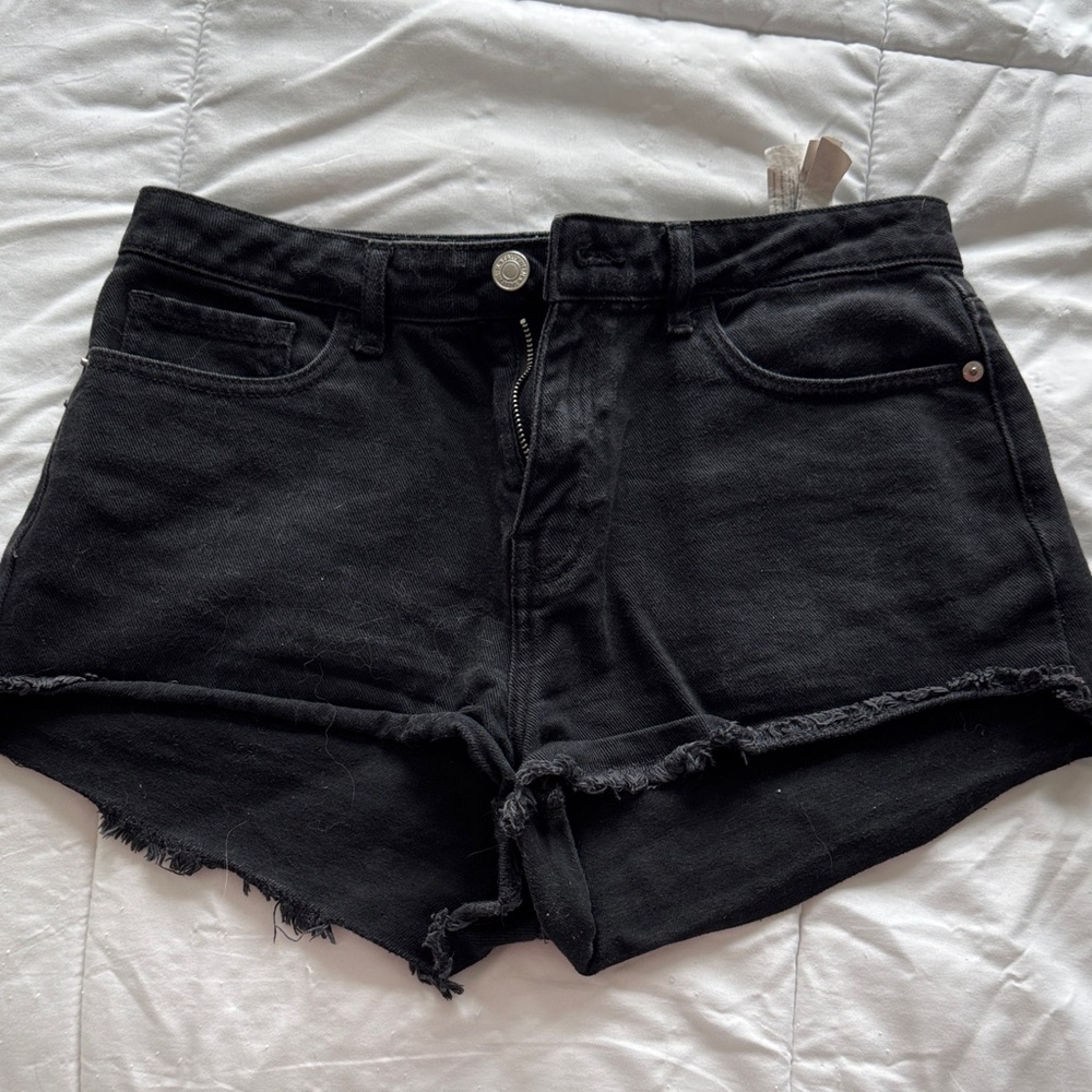 Black Denim Frayed Hem Women's Shorts